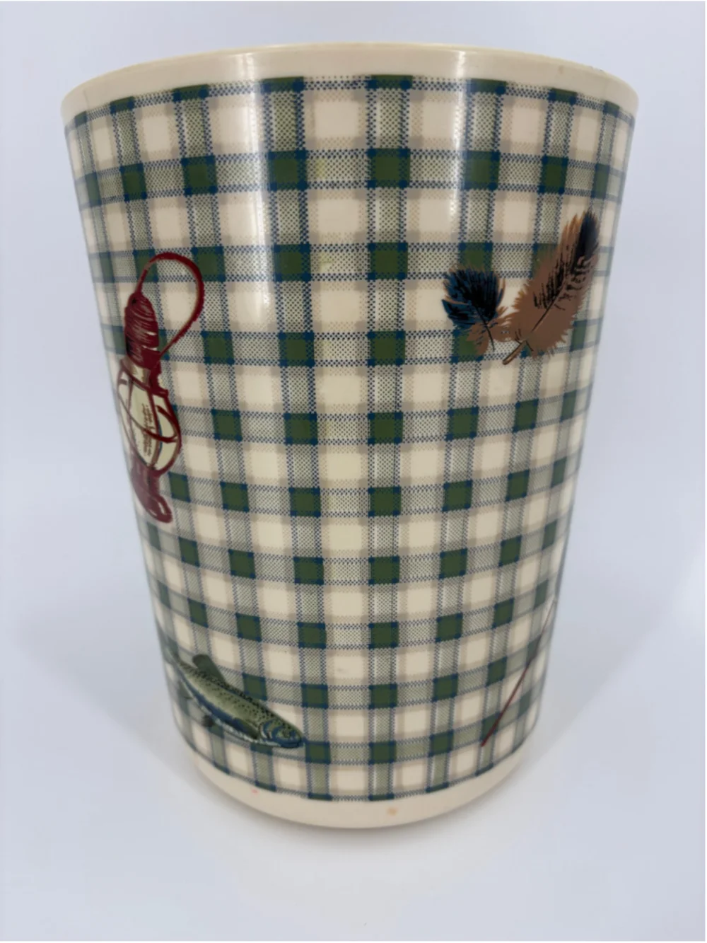 VTG Retro Rare 70s 80s Cottagecore Cabin-core Fishing Plaid Wastebasket